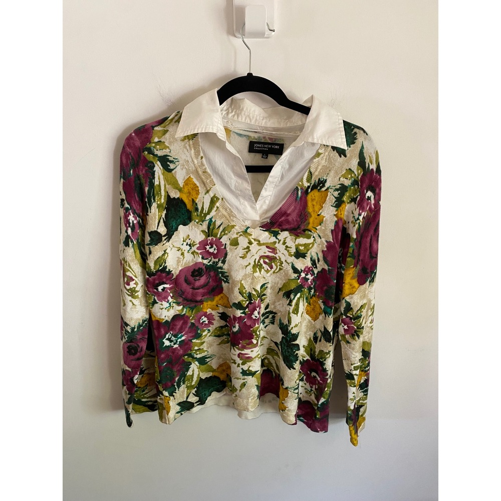 Jones New York Collection Floral Layered Look Sweater White Collar Womens Large